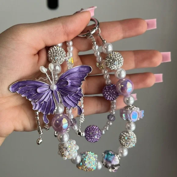 Purple Beaded Butterfly Bag Charm - Picture 1 of 5